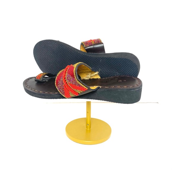 NWT Masai Leather Beaded wedge Toe Loop Sandals Brown Red Gold Size 38 NEW - Picture 2 of 3